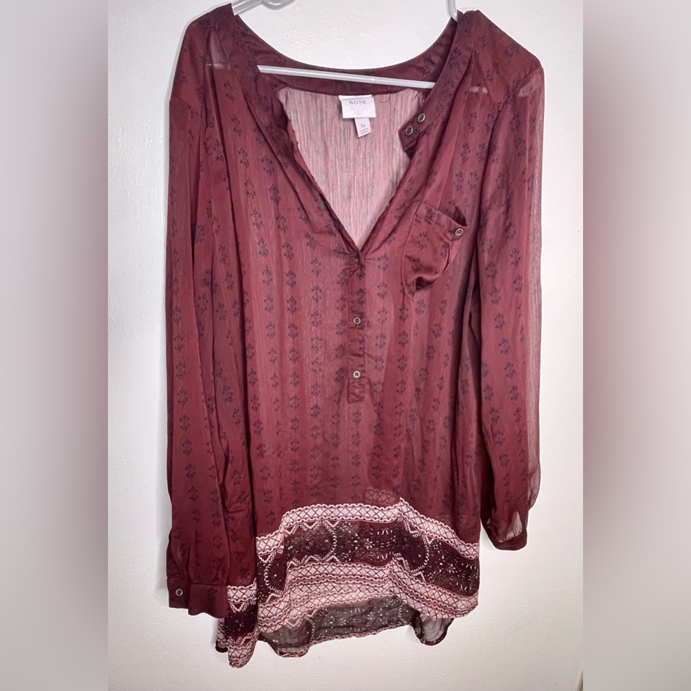 KNOX ROSE SHEER PRINTED BLOUSE| Size 2X| Burgundy